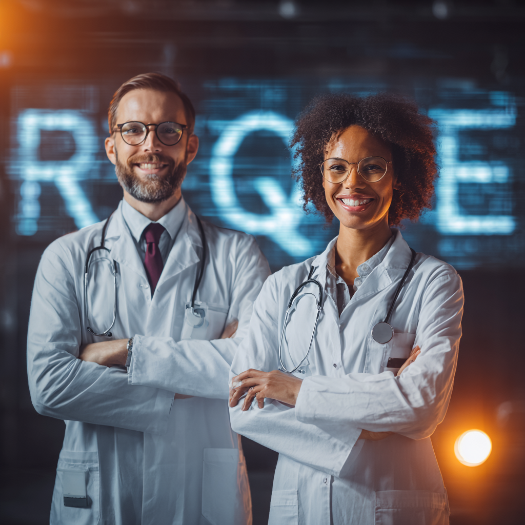 "Dois médicos especialistas, homem e mulher, em ambiente clínico moderno, com o termo RQE destacado ao fundo, representando certificação profissional e ética na medicina brasileira."