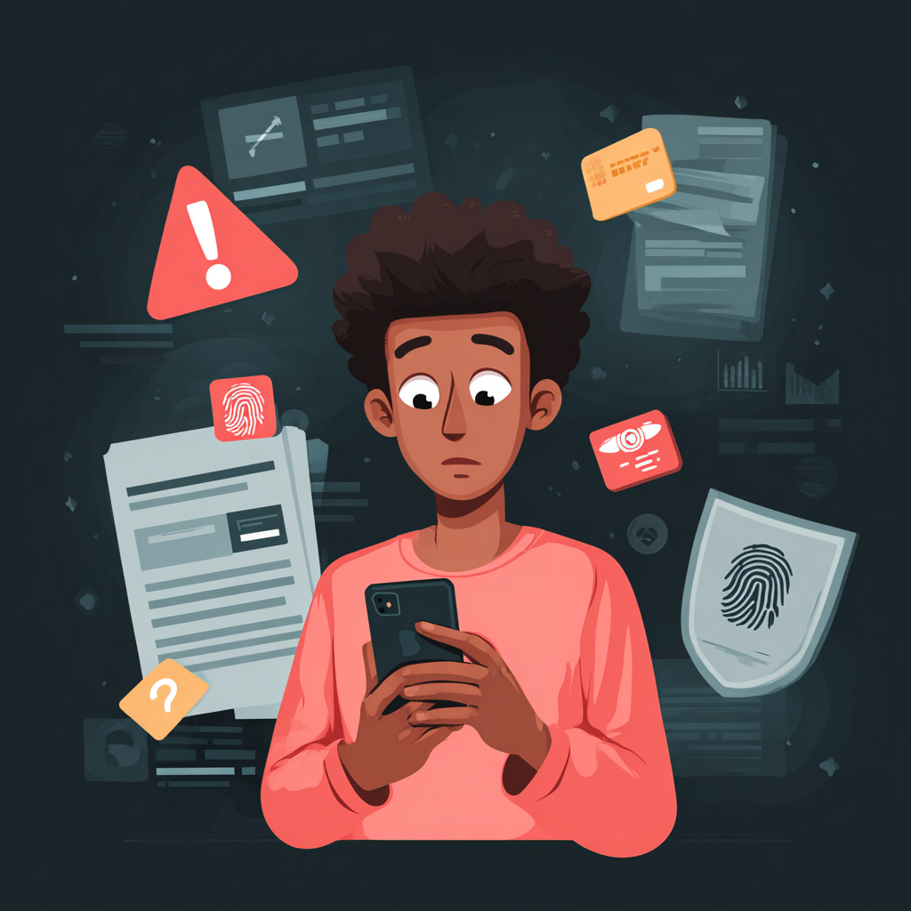 Pessoa preocupada diante do celular, com símbolos digitais representando dados pessoais ao redor e um ícone de alerta na tela, ilustrando o uso indevido de dados e a proteção garantida pela LGPD.