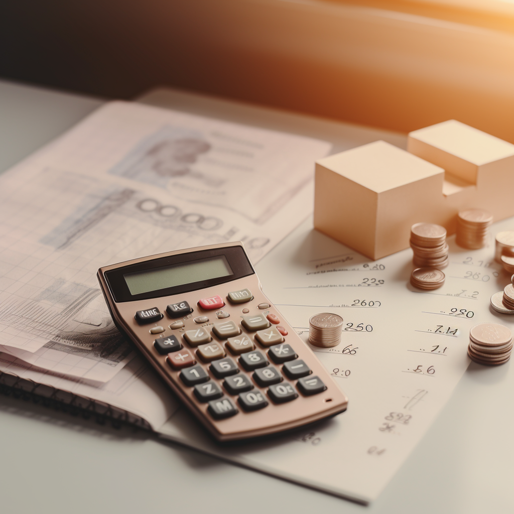 Cálculo de valor da pensão alimentícia com balança, cédulas e calculadora sobre a mesa