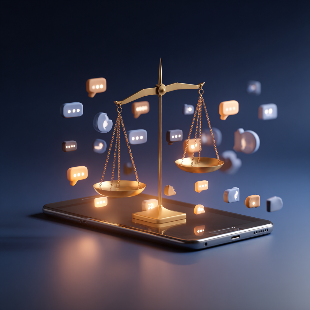 Ilustração de balanço de justiça sobre tela de redes sociais representando responsabilidade legal das plataformas digitais.