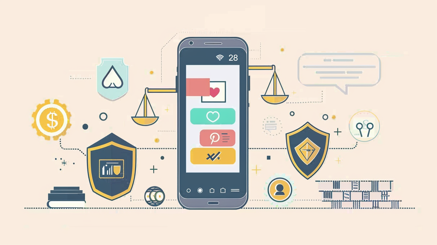 Ilustração 16:9 de uma tela de rede social com alerta de publicidade de apostas online e ícones de compliance, sem texto.