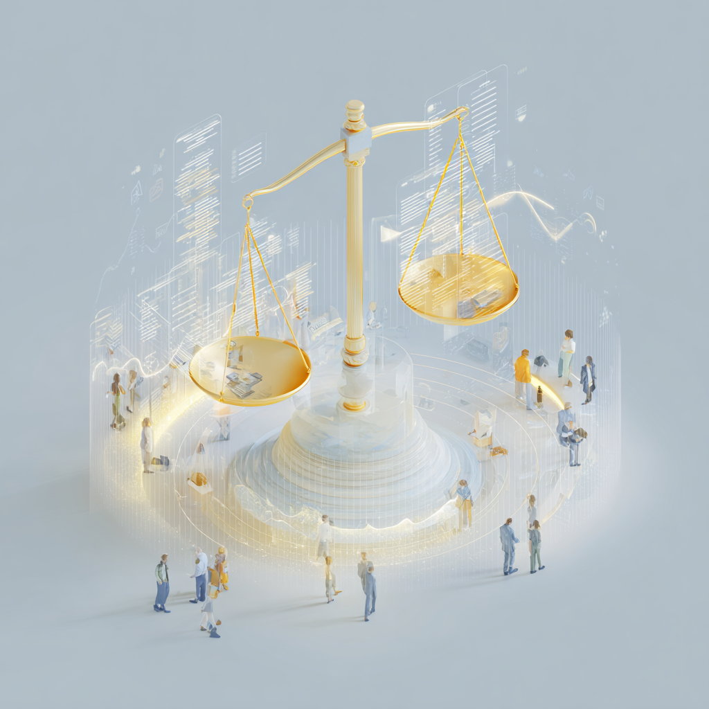 Ícones de nota fiscal e balança da justiça representando a Reforma Tributária