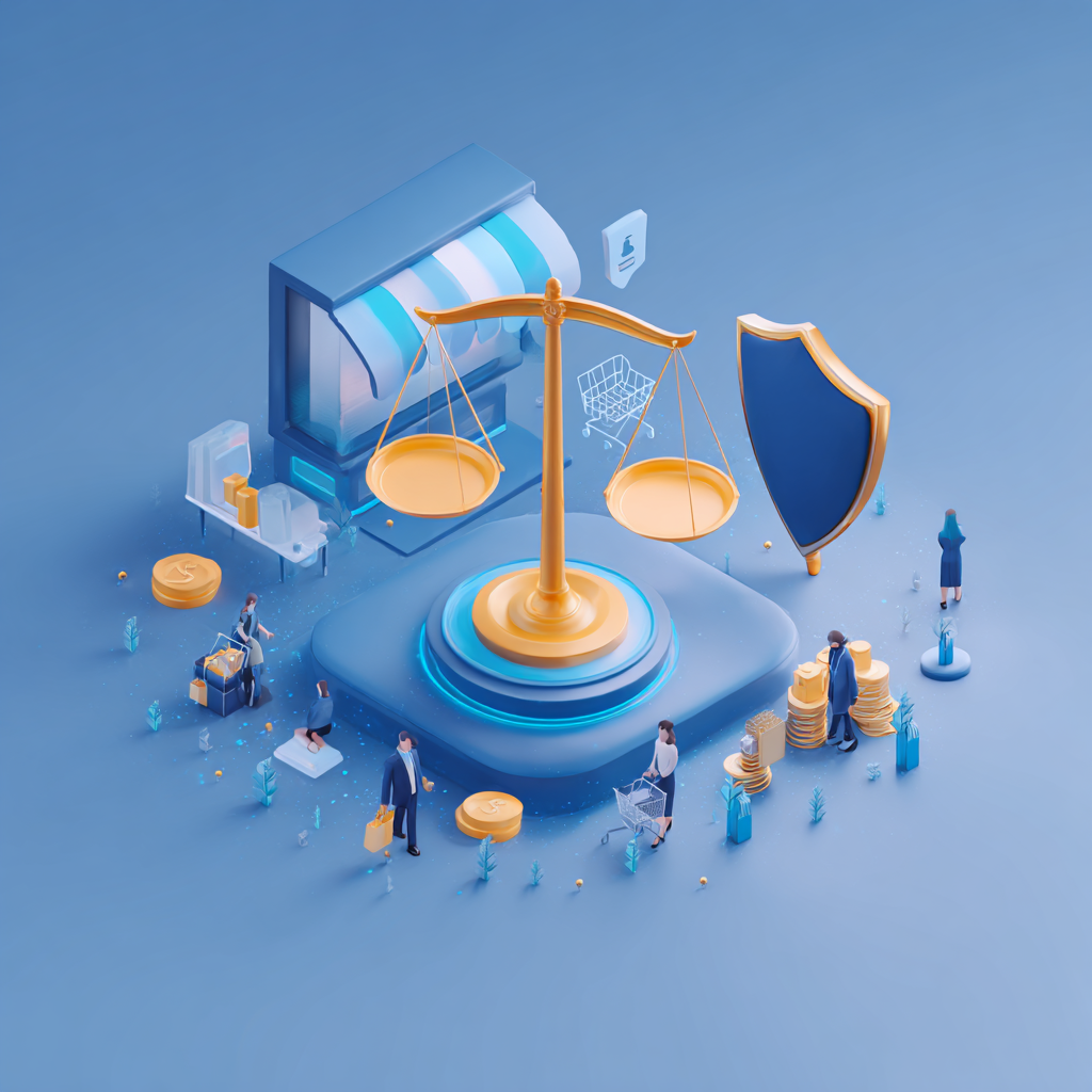 Ilustração de justiça digital envolvendo consumidores e fornecedores em ambiente de comércio eletrônico