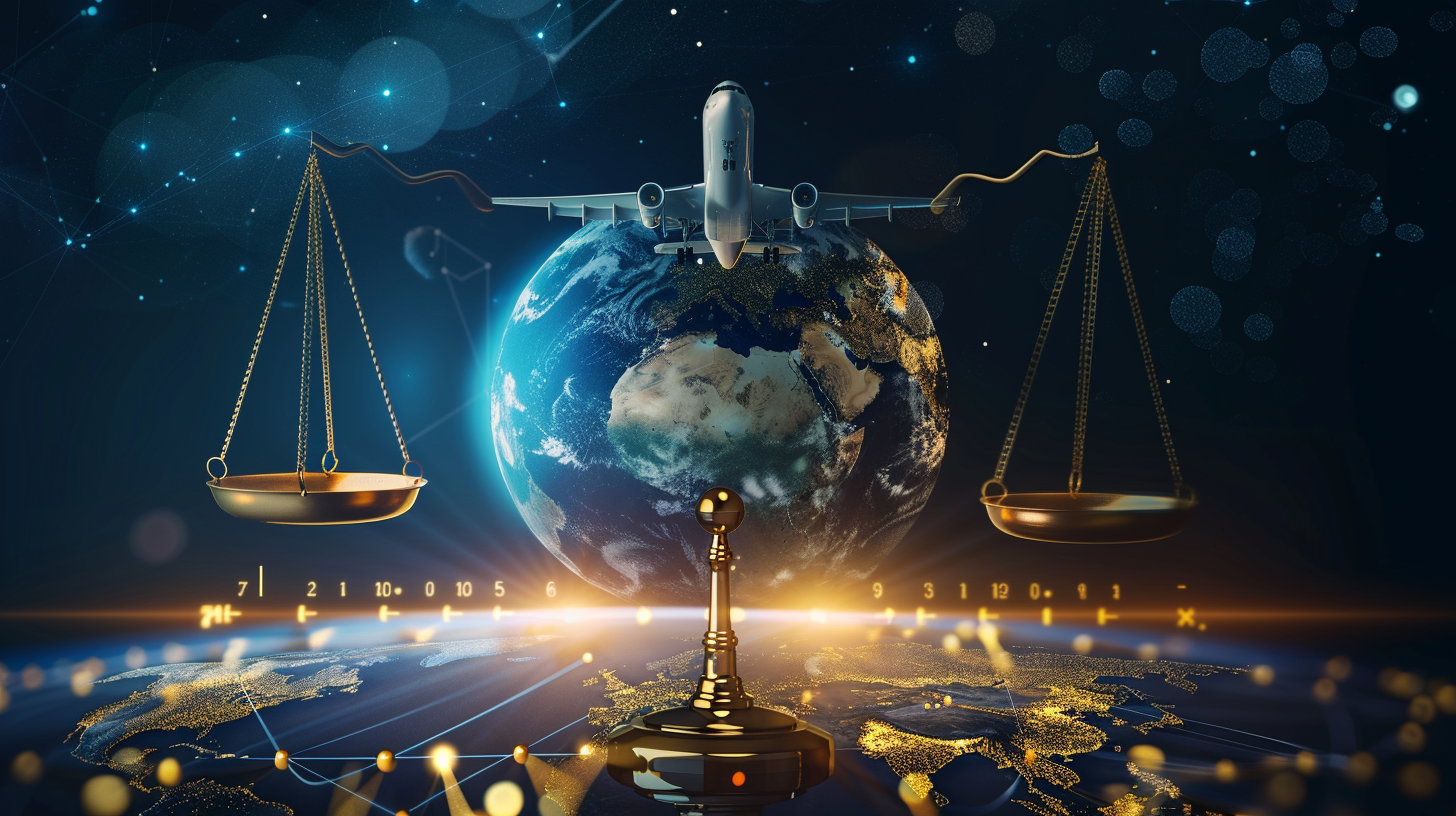 Avião e balança da justiça representando transporte aéreo e direitos do consumidor