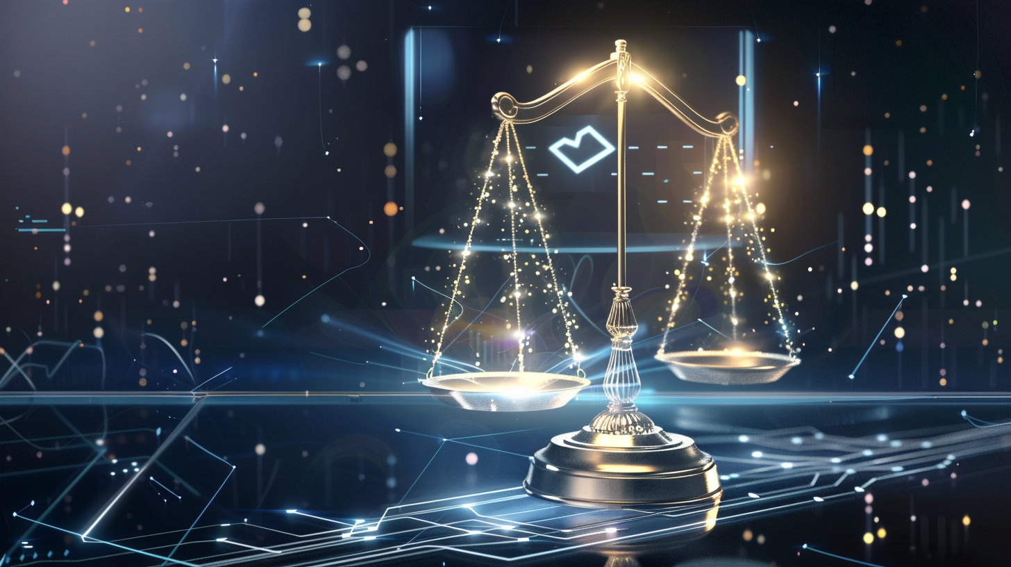 Balança da justiça integrada a circuitos digitais representando proteção do consumidor em contratos online