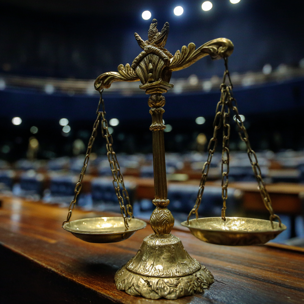 Balança da justiça e Congresso Nacional, simbolizando fim do foro privilegiado