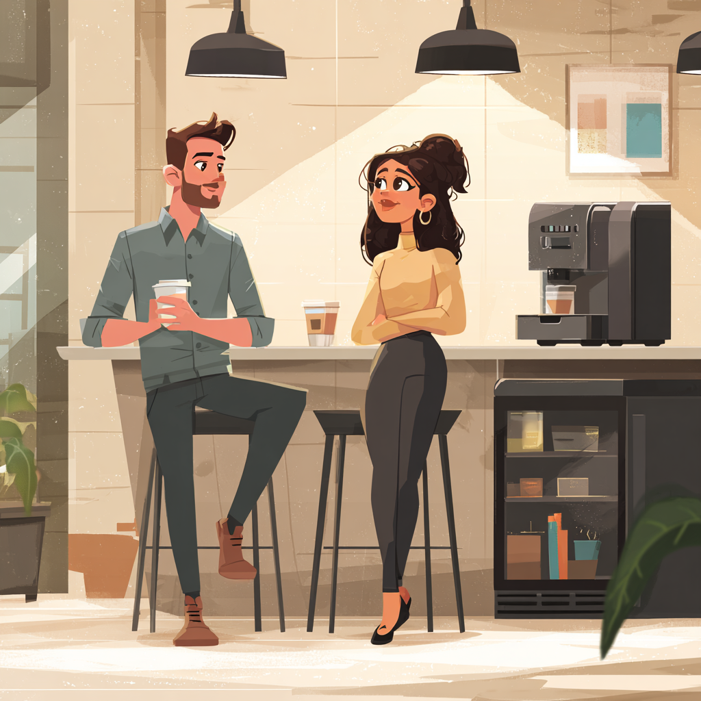 “Trabalhadores fazendo pausa para café durante o expediente em escritório brasileiro.”