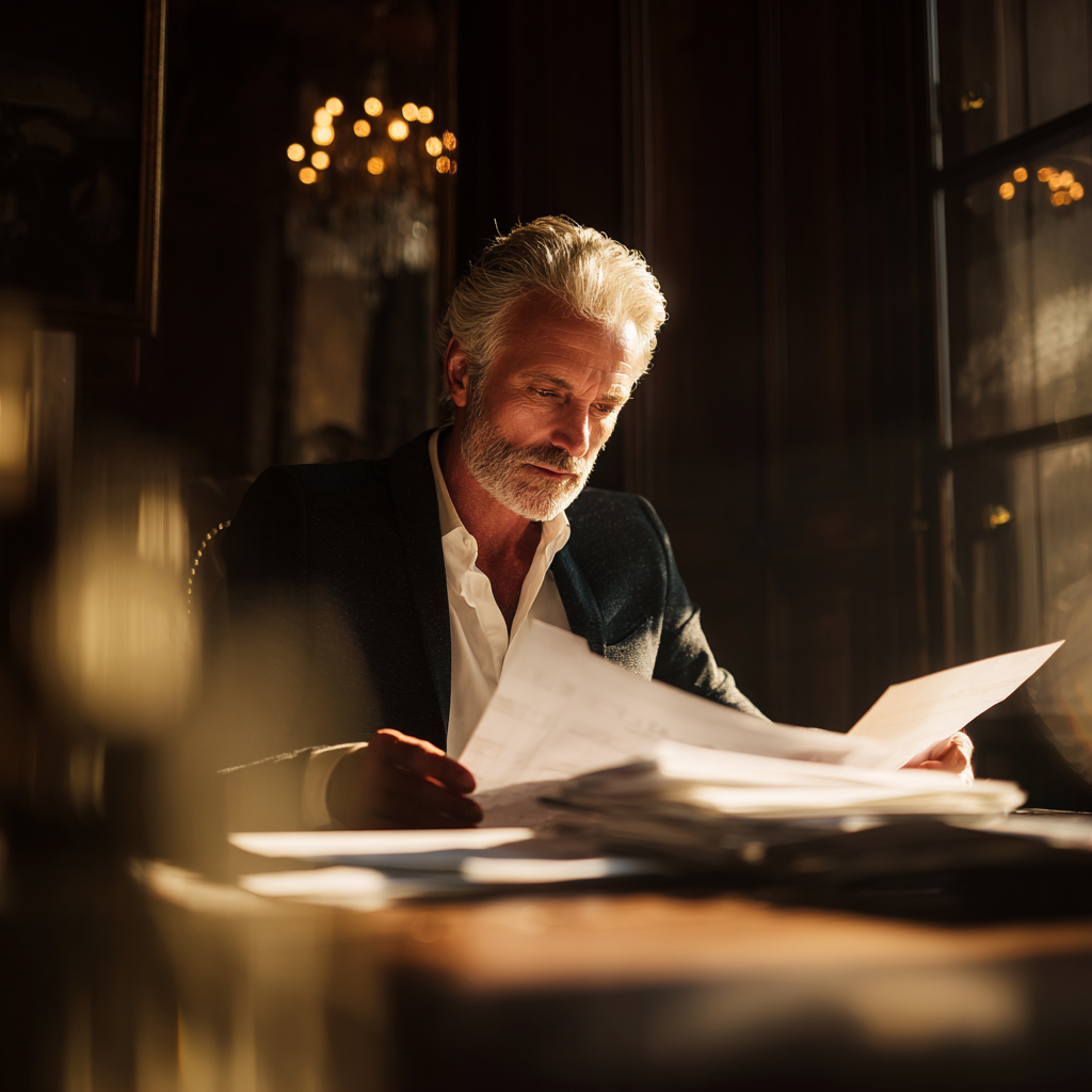 advogado analisando documentos em mesa de escritório elegante, luz suave, cenário moderno, expressão de atenção, sem texto.