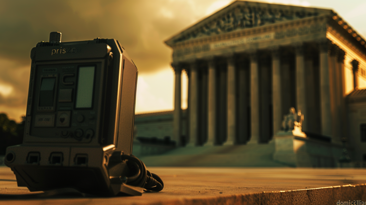 Close-up de tornozeleira eletrônica com o STF ao fundo, luz dramática, simbolizando prisão domiciliar.