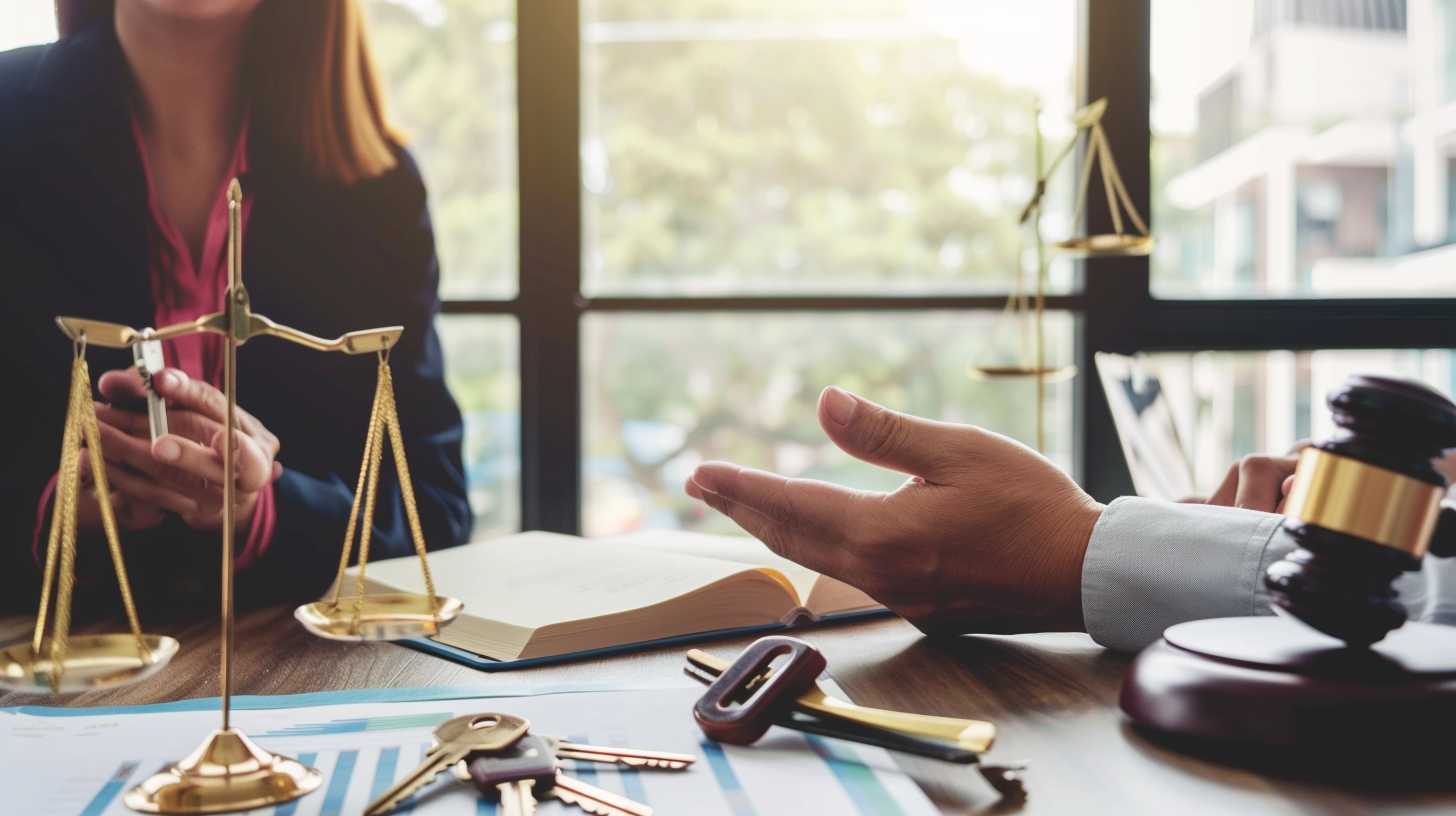 Pessoa assinando contrato imobiliário com advogado ao lado, simbolizando compra segura de imóveis.