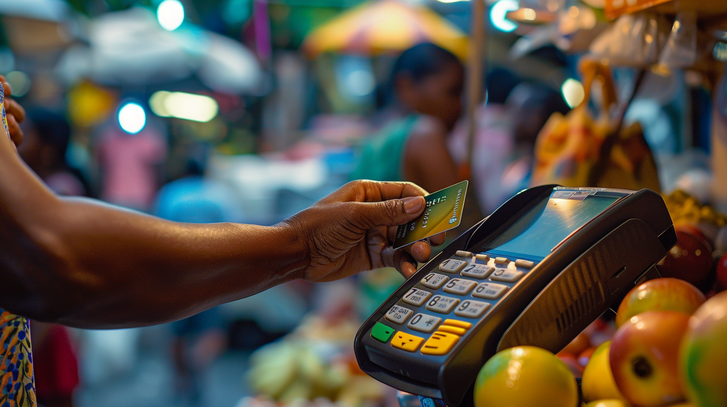 Cliente confere o valor na maquininha e cobre o teclado ao digitar a senha, cenário urbano brasileiro, sem texto.