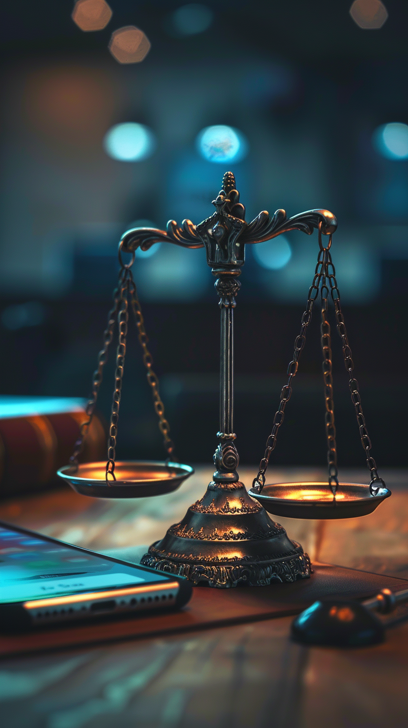 Balança da justiça diante de smartphone exibindo feed público de rede social, simbolizando prova digital e prisão preventiva.