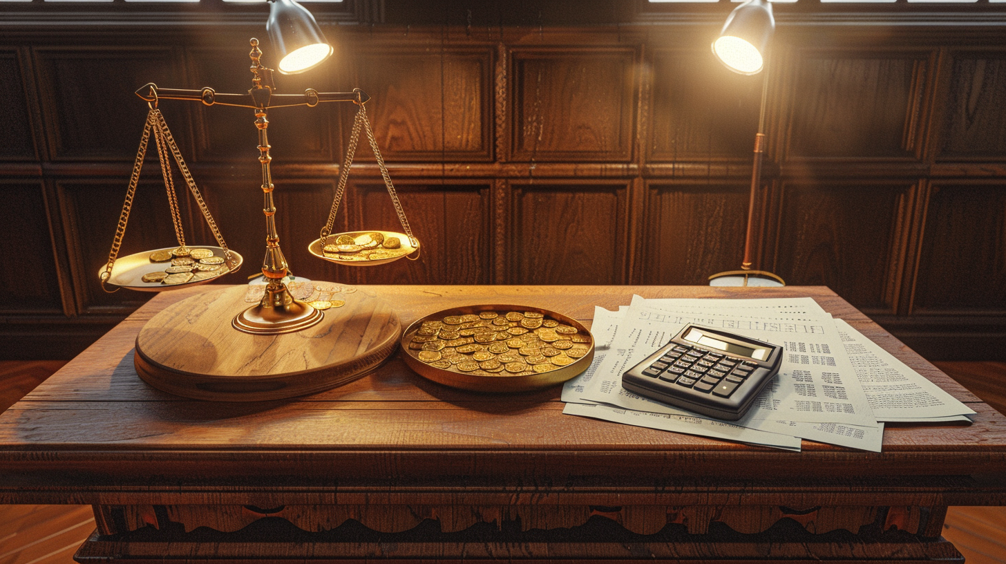 Balança com moedas ao lado de documentos orçamentários em mesa de câmara municipal, luz cinematográfica.