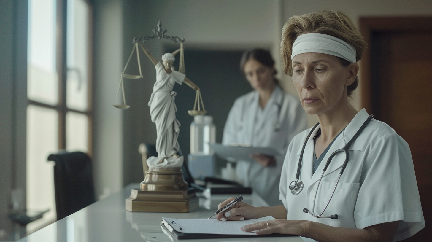Ícone da Justiça ao lado de frascos de medicamento e um prontuário, representando a judicialização da saúde e o fornecimento de medicamentos não incorporados ao SUS