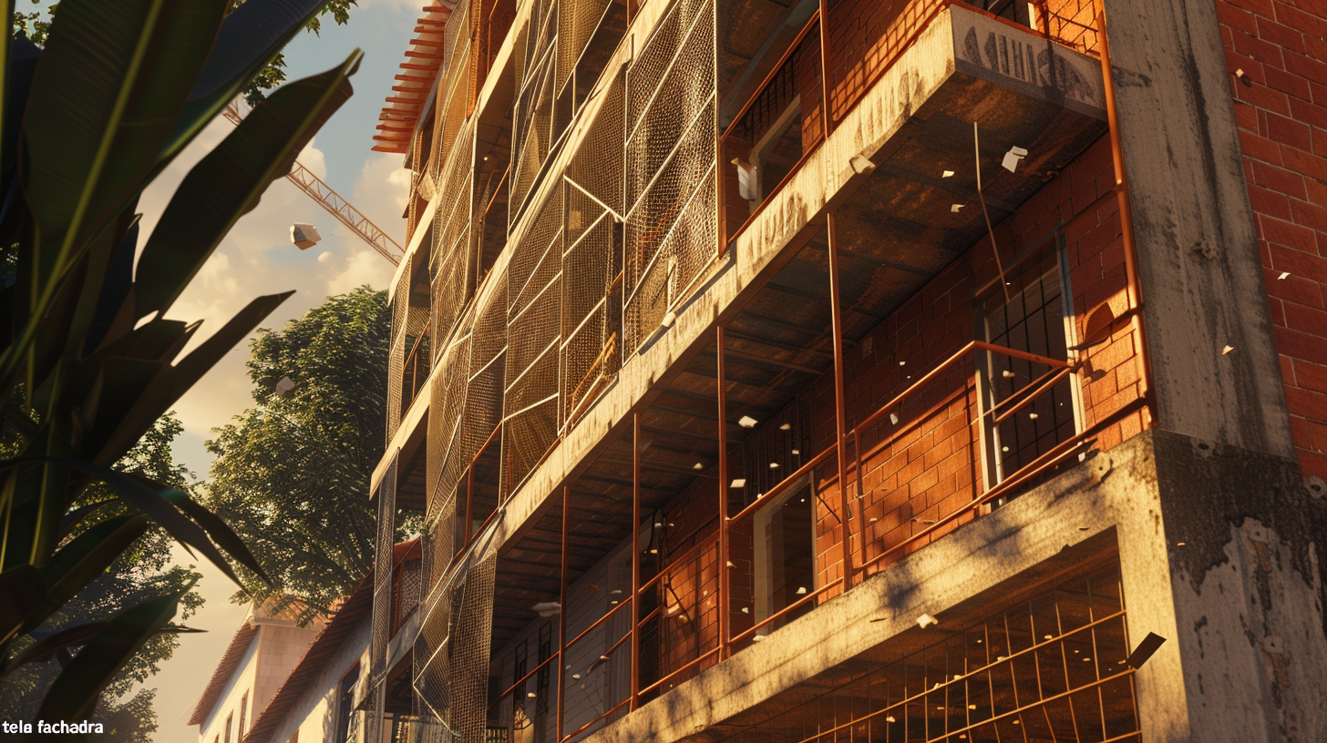 Obra em prédio com telas fachadeiras e proteção perimetral, vizinhança segura