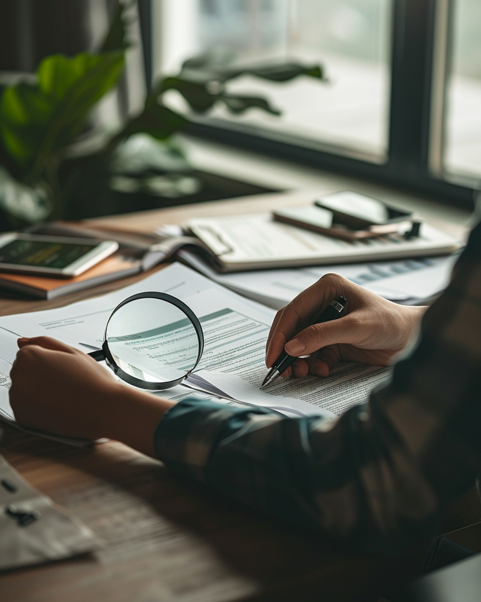 Consumidor conferindo boleto de plano de saúde com lupa, expressando atenção a aumento de mensalidade.