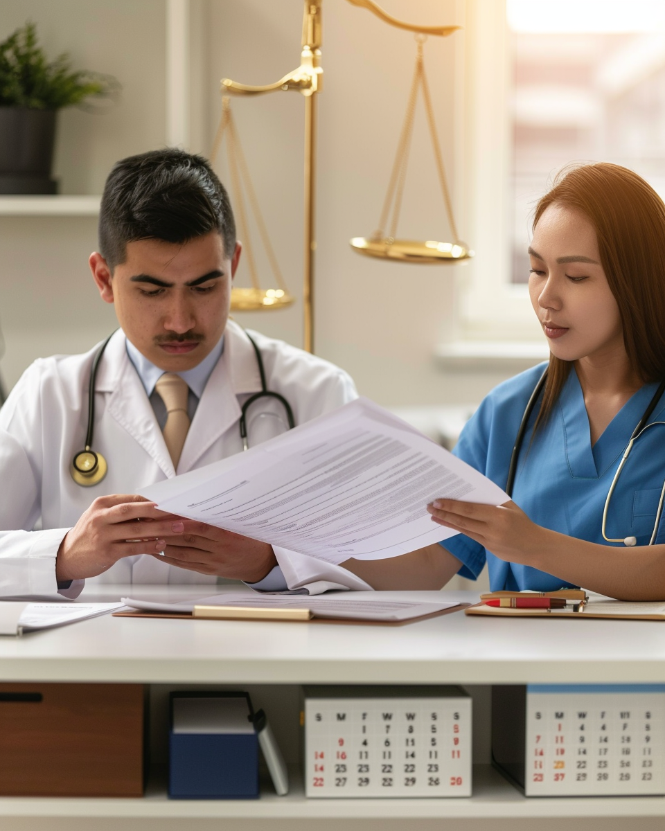 Profissional de saúde e professora avaliando documentos do FIES com balança da justiça ao fundo.
