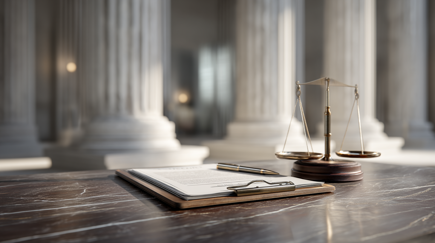 Balança da justiça sobre mesa corporativa minimalista, simbolizando rescisão indireta