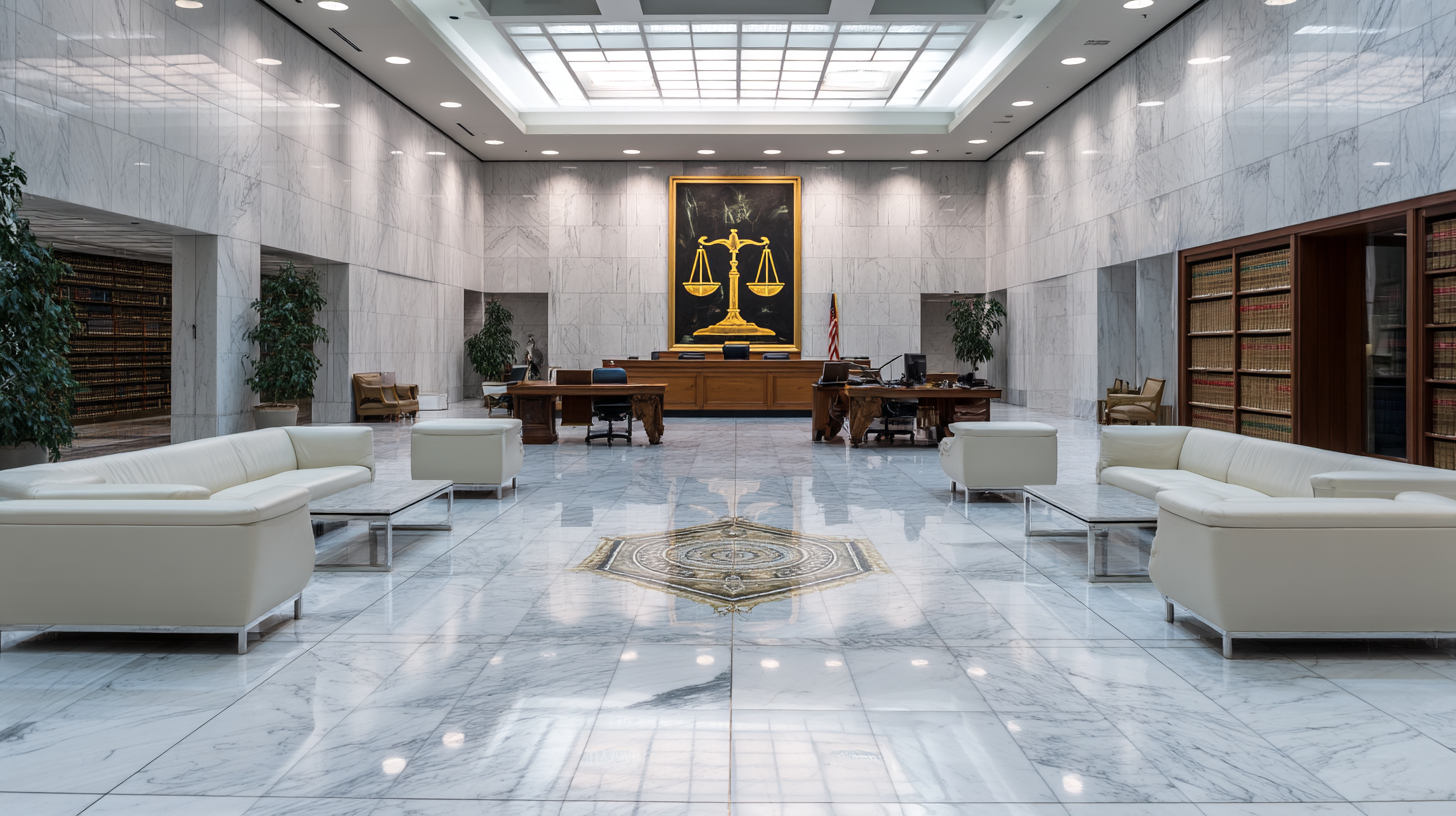 balança de justiça sobre fachada de banco representando segurança jurídica