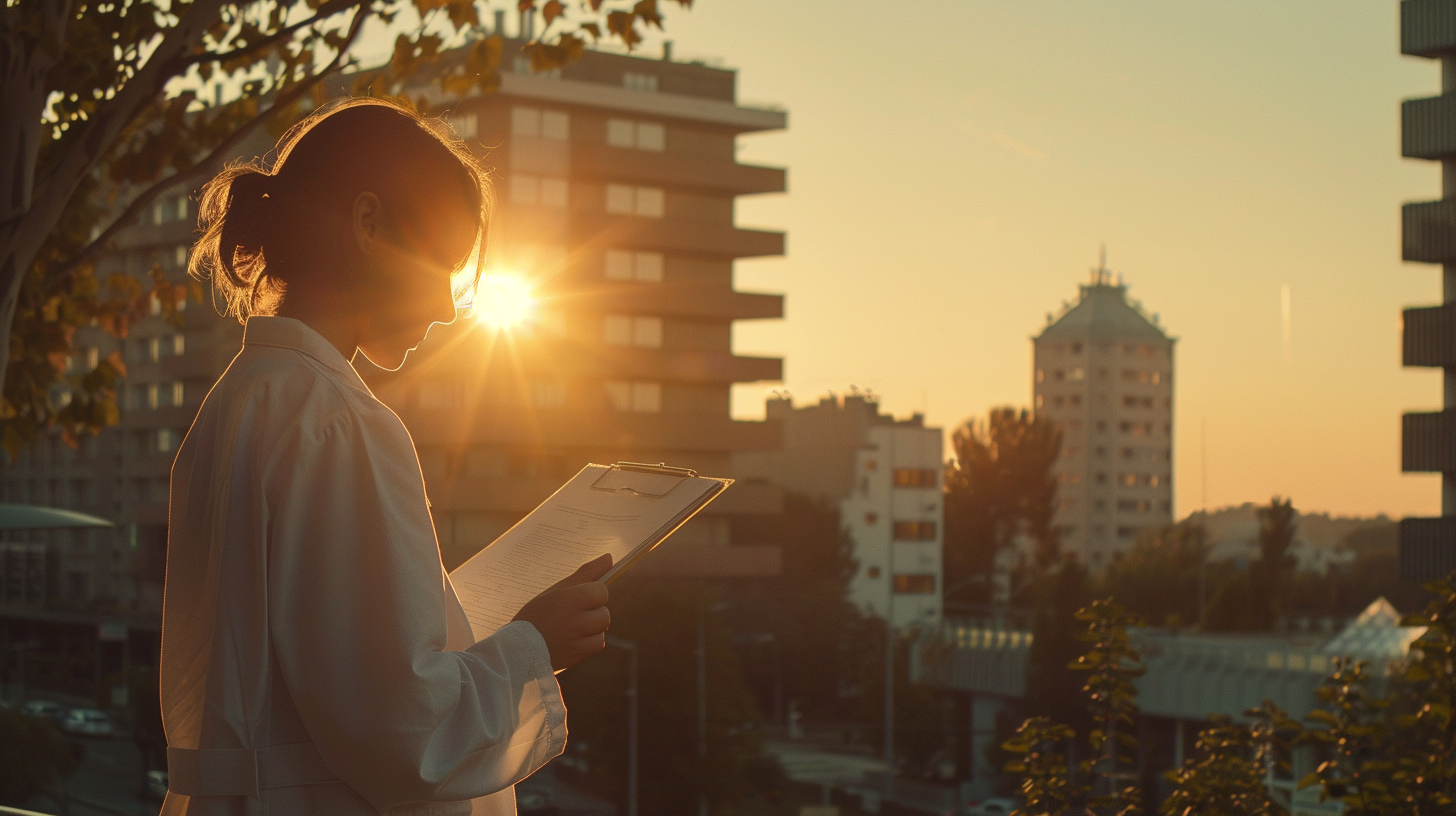 Alt text: Médico residente diante de hospital público e tribunal, representando o direito ao auxílio-moradia
