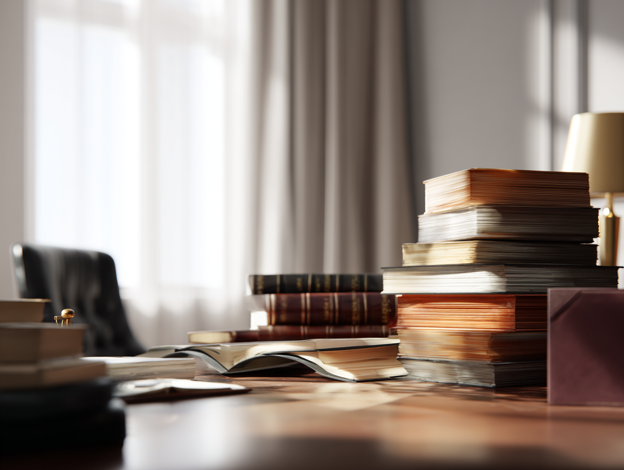 Escritório jurídico com livros e símbolos do Direito representando sucessão processual empresarial