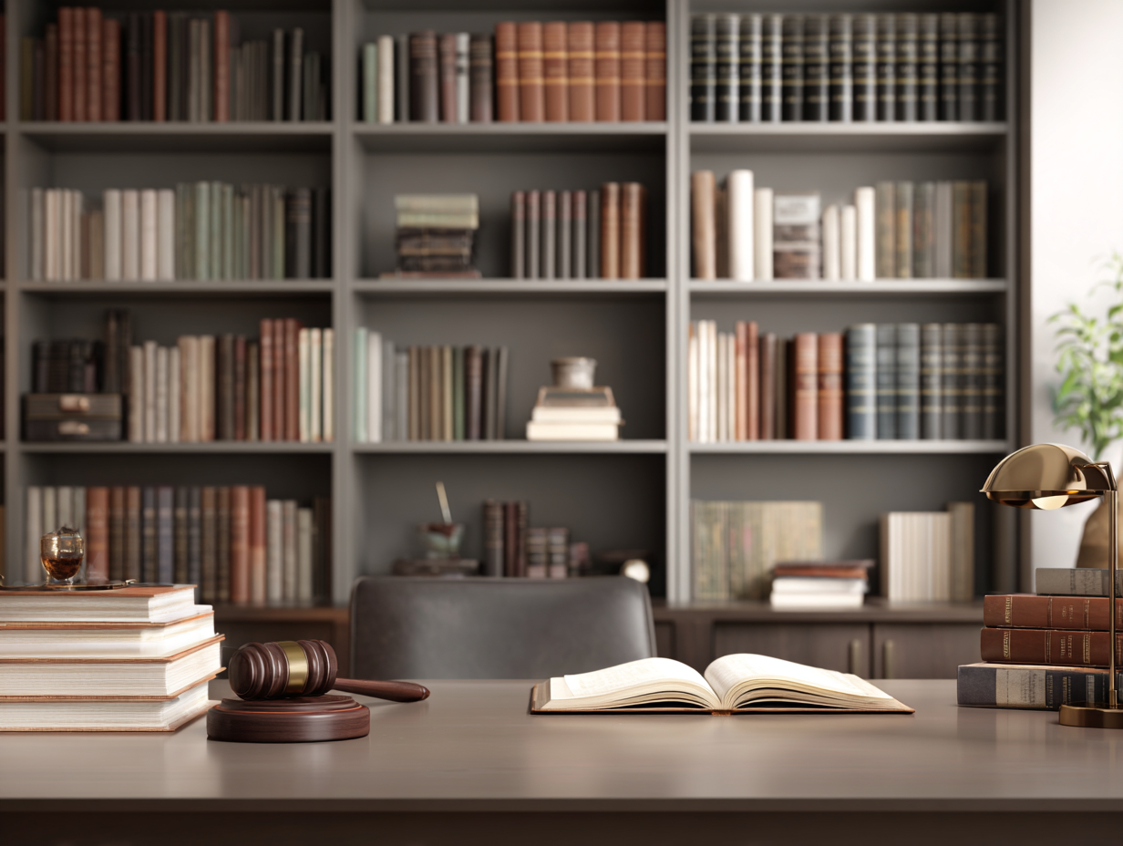 Escritório jurídico com livros e documentos sobre greve política