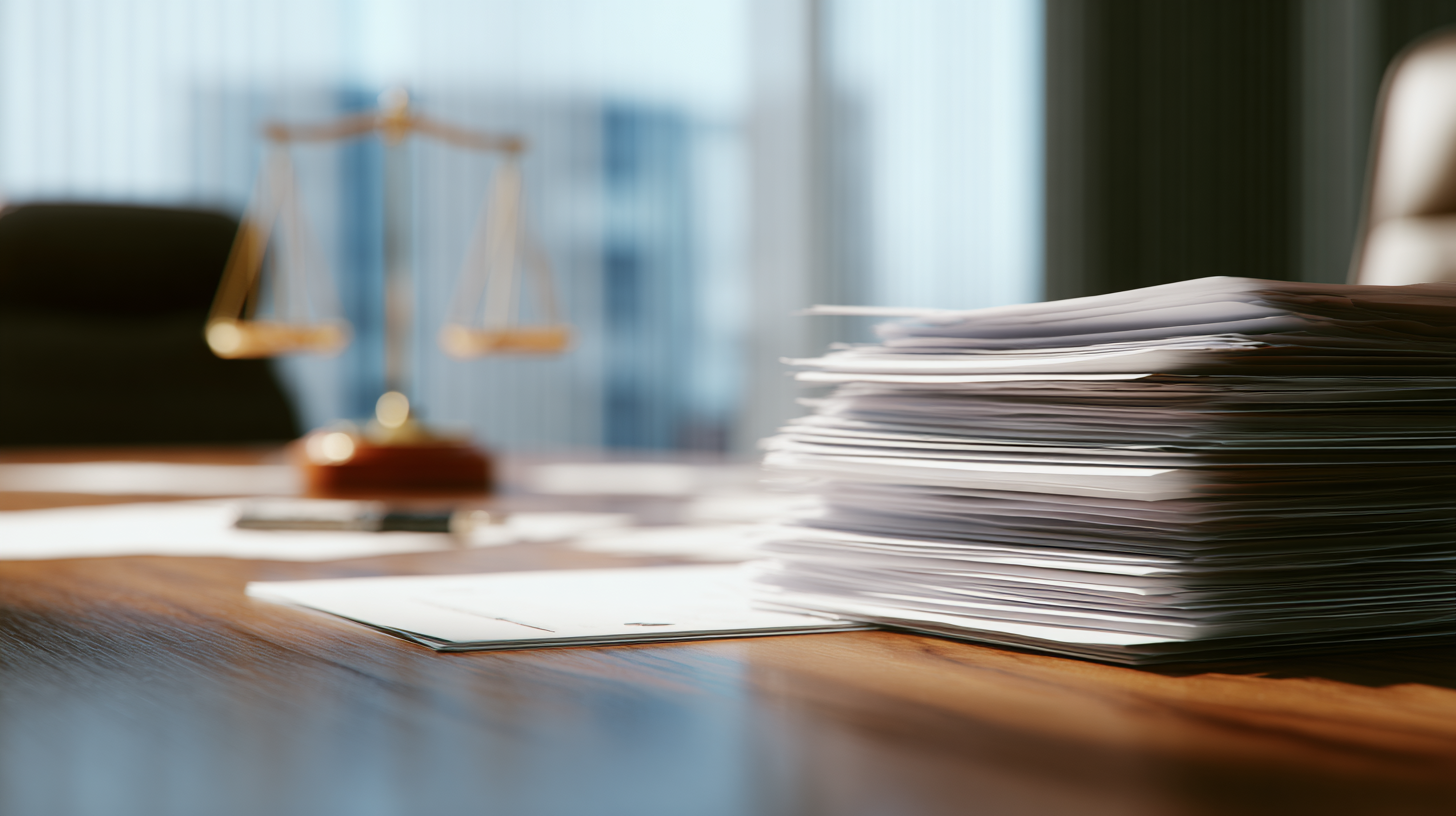 Mesa de trabalho com documentos de rescisão e balança da justiça ao fundo