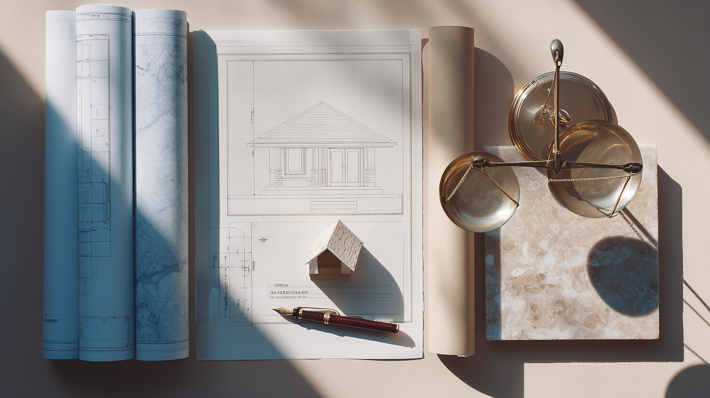 close da fachada de casa com plantas e ferramentas de obra discretas; paleta em azul e cinza (sem pessoas identificáveis)