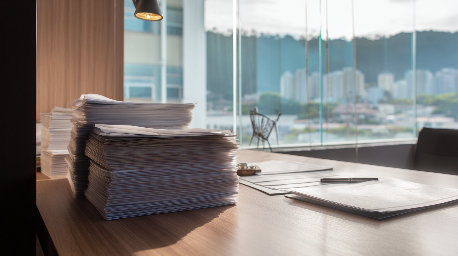 Vista interna de escritório jurídico em Vila Velha/ES com documentos e imóvel ao fundo, sem pessoas