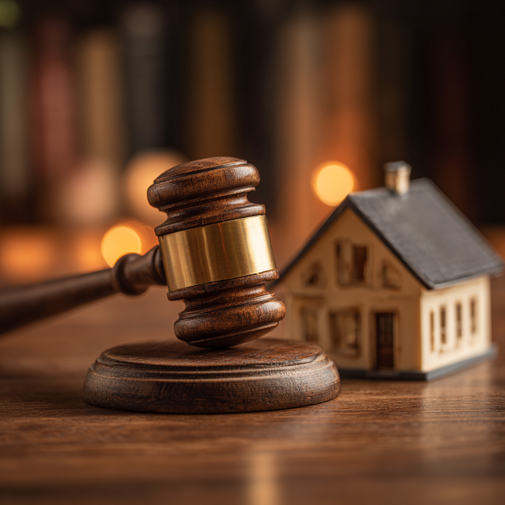 “Martelo do juiz e miniatura de casa, simbolizando a extinção de condomínio com alienação judicial”