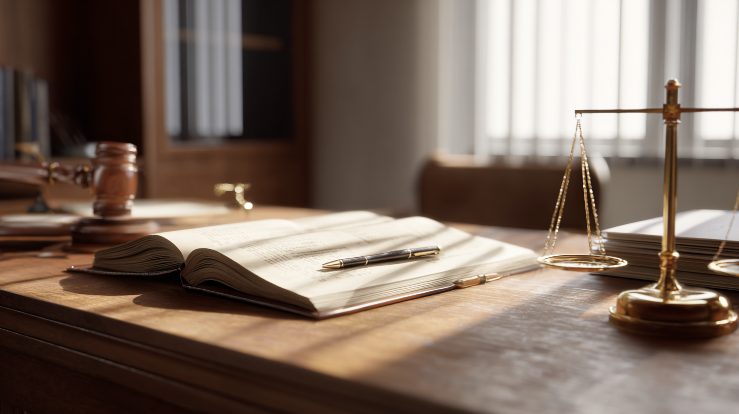 Escritório jurídico com balança e livros sobre mesa de madeira
