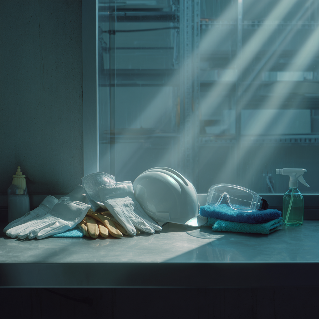 "Equipamentos de proteção individual organizados em bancada de trabalho, simbolizando a diferença entre limpeza e higienização segundo decisão do Tribunal Superior do Trabalho"