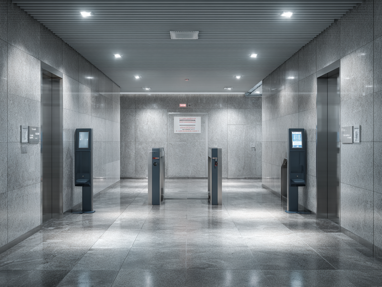 Corredor de acesso a unidade prisional com detector de metais, iluminação suave em tons de azul e cinza, representando segurança e controle institucional.