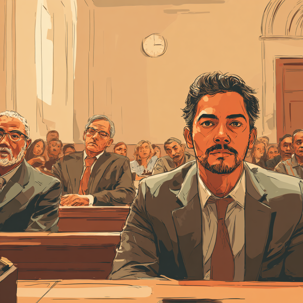 Acusado acompanhado por advogado em audiência no Tribunal do Júri de Vila Velha, representando defesa criminal e garantias constitucionais