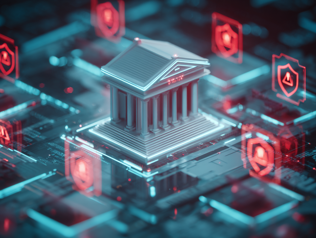 Ilustração de segurança digital com símbolos de banco e alerta